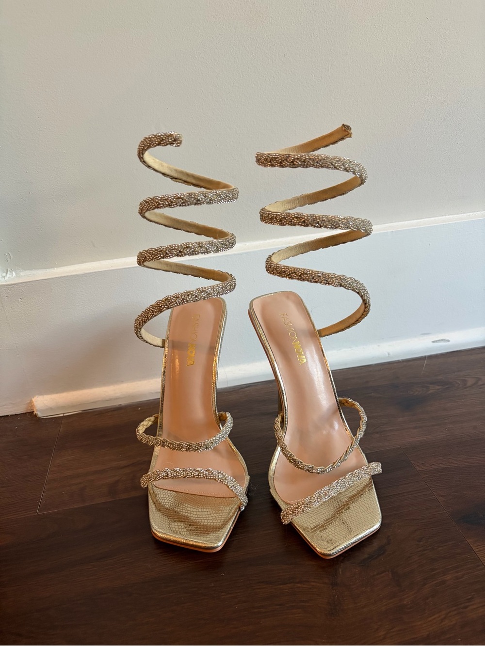 Fashion Nova Docella Rhinestone Wrap Up Heels – Gold